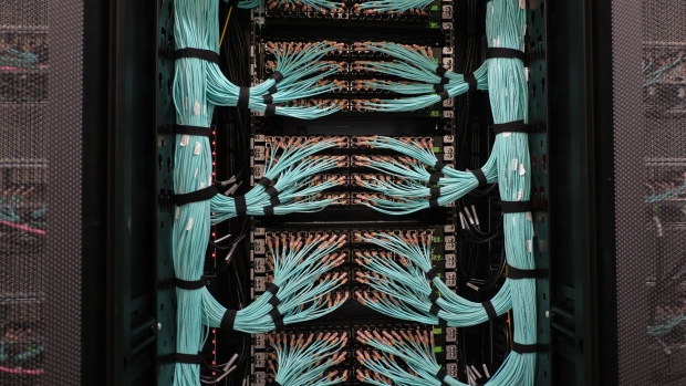 Wires connected to a supercomputer built with Nvidia Corp. AI processors.