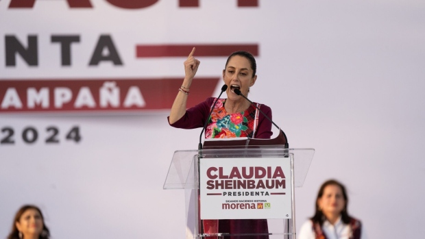 <p>Claudia Sheinbaum, former mayor of Mexico City and presidential candidate for the Morena party, speaks during a campaign launch event in Mexico City, Mexico, on Friday, March 1, 2024. </p>