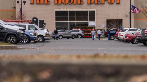 Customers outside a Home Depot store.