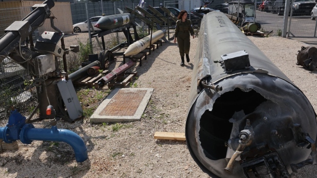 An Iranian missile launched on April 13 on display during an Israeli military media tour in Kiryat Malachi on April 16. Photographer: Gil Cohen Magen/AFP/Getty Images