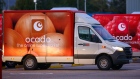 An Ocado Group Plc grocery delivery truck at a fulfillment centre in Enfield, UK.