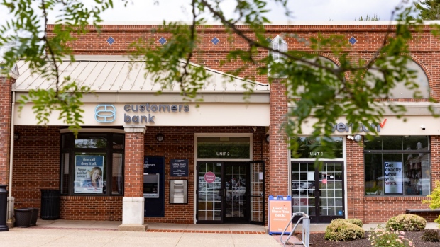 A Customers Bank branch in Doylestown, Pennsylvania, US, on Friday, June 9, 2023. Customers Bancorp Inc. is one of the regional lenders that rode the crypto wave in recent years, launching a real-time payments platform in 2021 that caters to crypto-trading firms, exchanges and institutional investors. Photographer: Hannah Beier/Bloomberg