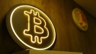 A neon Bitcoin cryptocurrency logo.