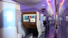 <p>The business class cabin of an Airbus A380 operated by Emirates.</p>