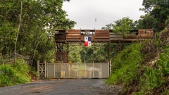 A security barricade at the entrance of the shuttered First Quantum Minerals Ltd. mine in Donoso, Colon province, Panama, on Tuesday, Jan. 9, 2024. The Suntracs construction union in Panama began demonstrations at the shuttered copper mine run by First Quantum, blocking access roads to the site where the Canadian company still has some workers and installations. Photographer: Walter Hurtado/Bloomberg