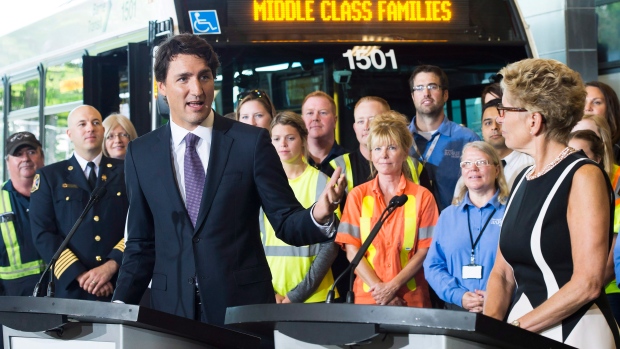 Prime Minister Justin Trudeau with Ontario Premier Kathleen Wynne in Barrie, Ont.