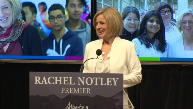 Alberta Premier Rachel Notley delivering her State of the Province speech