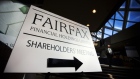 A Fairfax Financial Holdings sign at an annual general meeting in Toronto