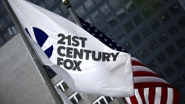 The flag of the Twenty-First Century Fox Inc at the company headquarters in the Manhattan 