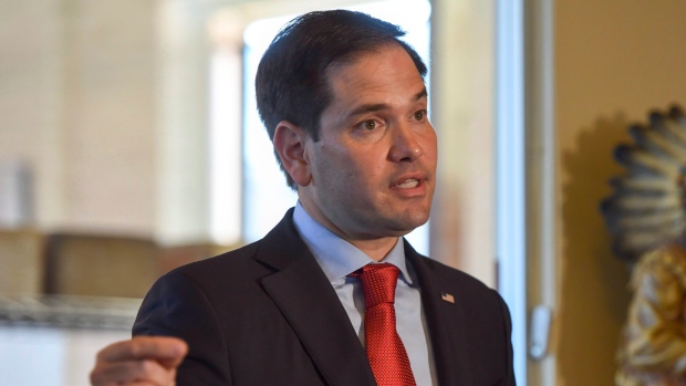 Sen. Marco Rubio answers media questions in Tampa, Fla.
