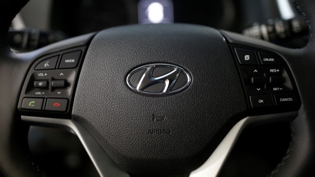 The logo of Hyundai Motor is seen on a steering wheel at its dealership in Seoul, South Korea.