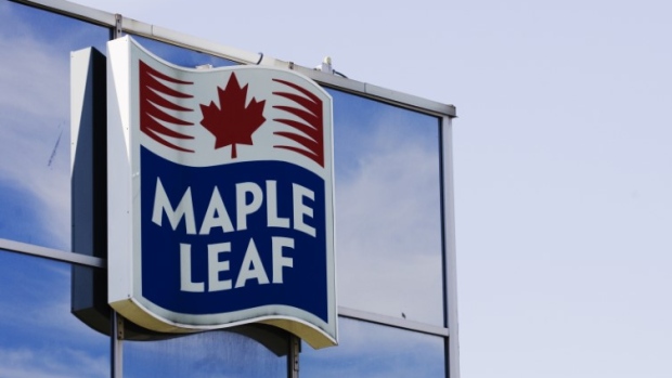 A sign for the Maple Leaf food processing plant is seen in Toronto