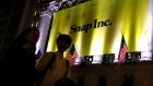 A Banner for Snap Inc. hangs on the facade of the the New York Stock Exchange (NYSE) on the eve of 