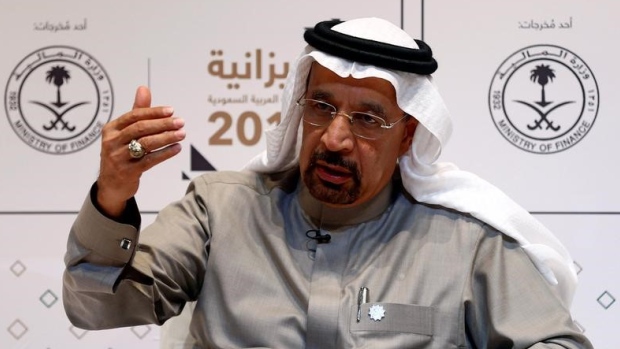 Saudi energy minister Khalid al-Falih gestures during the 2017 budget news conference in Riyadh