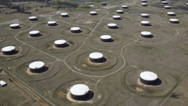 Crude oil storage tanks are seen from above at the Cushing oil hub, in Cushing, Oklahoma.