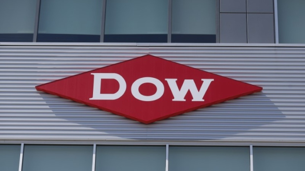 The Dow logo is seen on a building in downtown Midland, Michigan. 