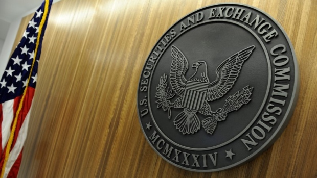 The seal of the U.S. Securities and Exchange Commission hangs on the wall at SEC headquarters.