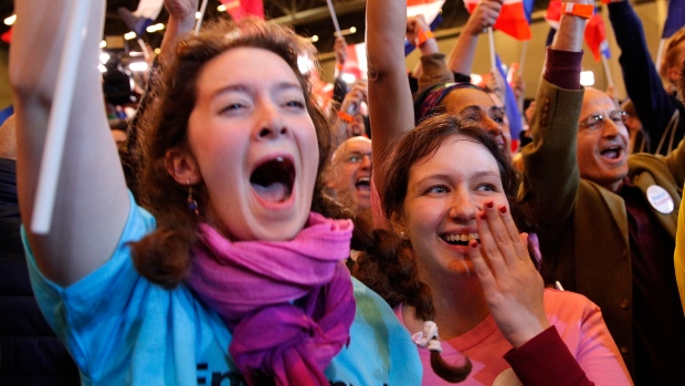 Supporters of French presidential candidate Emmanuel Macron react at his election day headquarters.