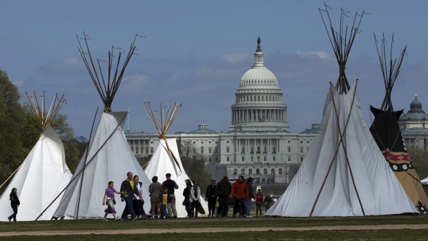 Teepees set up on the National Mall in Washington in 2014 in protest to the Keystone XL pipeline