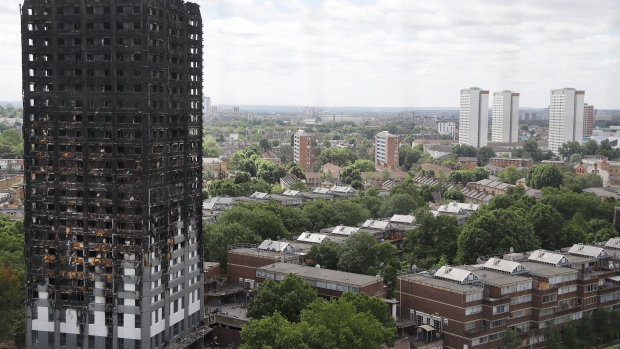 The burnt Grenfell Tower apartment building