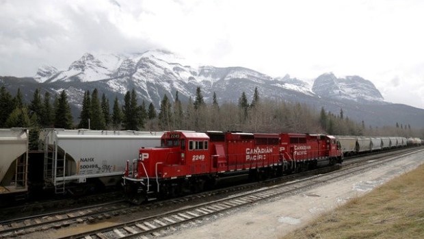 A CP Rail train stopped on the tracks near Canmore, Alberta