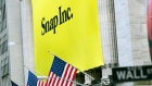 A banner for Snap Inc. hangs from the front of the New York Stock Exchange