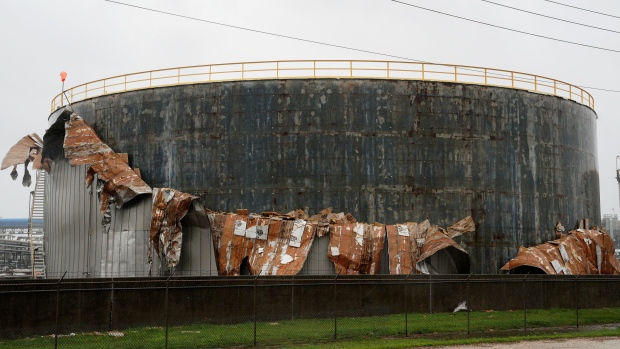 An oil tank damaged by Hurricane Harvey is seen near Seadrift, Texas, August 26, 2017. 