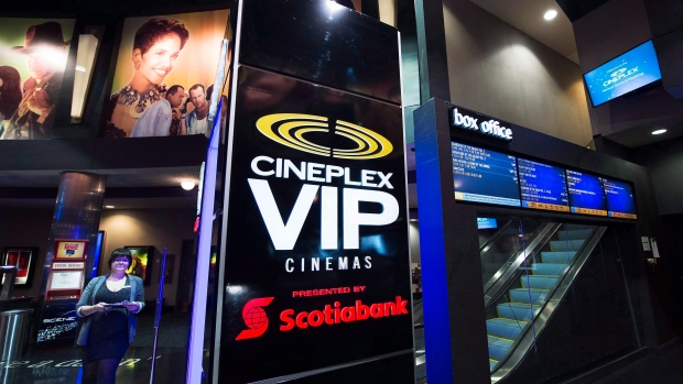 An employee is shown at the Cineplex Entertainment company's annual general meeting in Toronto