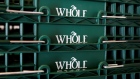 Baskets are stacked at a Whole Foods store in New York City