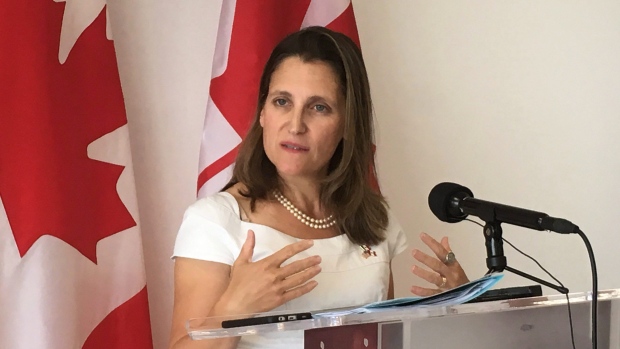 Foreign Affairs Minister Chrystia Freeland addresses reporters at the NAFTA talks in Mexico City