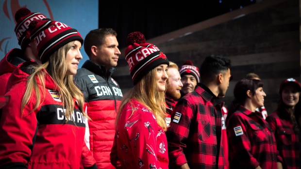 Olympic hopefuls for 2018 show off Hudson Bay Company's new line of Olympic gear at the Eaton Centre