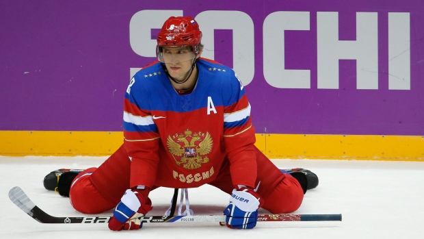 Alex Ovechkin competes for Russia at the 2014 Sochi Olympics.