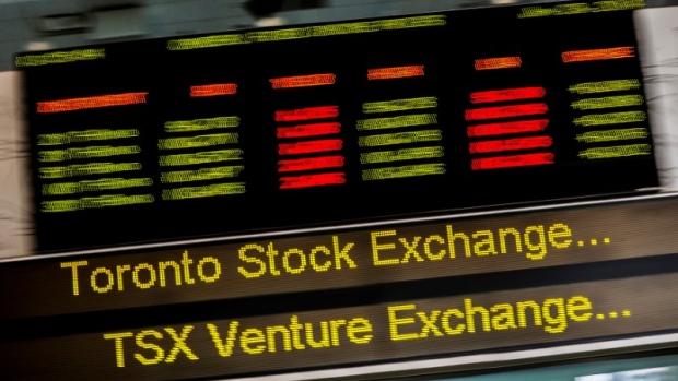 A sign board displaying Toronto Stock Exchange (TSX) stock information is seen in Toronto 