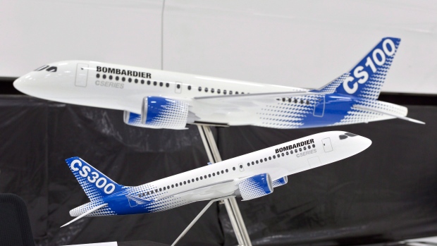 Models of Bombardier CSeries airplanes are shown at a news conference in Montreal, Feb. 7, 2017