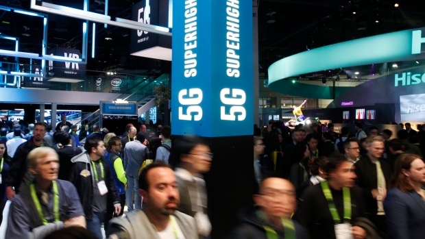 A sign advertises 5G devices at the Intel booth during CES International, Tuesday, Jan. 9, 2018, in 