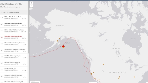 A map from the USGS shows where an earthquake struck near Alaska.