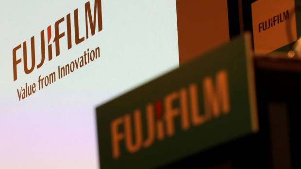 Fujifilm Holdings' logos are pictured ahead of its news conference in Tokyo, Japan January 31, 2018.