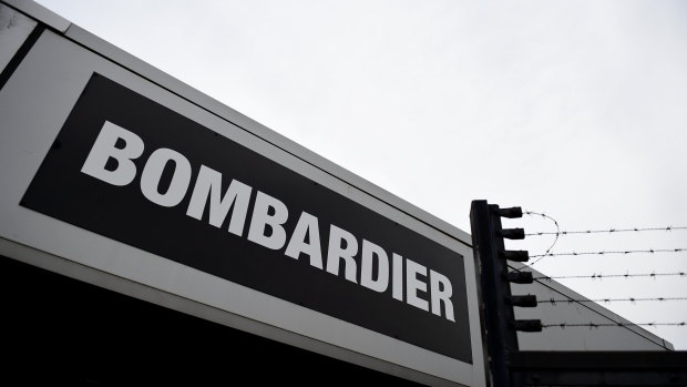 A Bombardier logo is seen at the Bombardier plant in Belfast